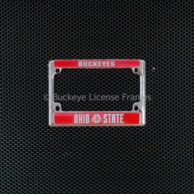 Ohio State Buckeyes Chrome Motorcycle License Plate Frame With Red Background And Raised Silver Lettering