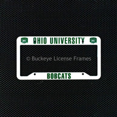 Ohio University Bobcats Plastic License Plate Frame Wide Top White With Green Lettering