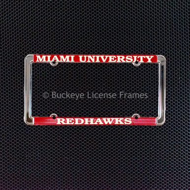 Miami University Redhawks Chrome License Plate Frame With Red Background And White Raised Lettering - Metal