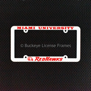 Miami University Redhawks White Plastic License Plate Frame With Raised Red Lettering