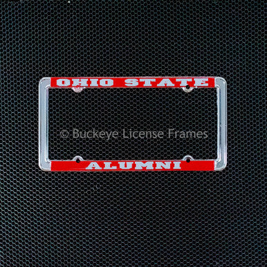 Ohio State University Alumni Chrome License Plate Frame With Red Background And Raised Silver Lettering - Metal