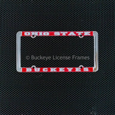 Ohio State Buckeyes Chrome License Plate Frame with Raised Lettering and Red Background - Metal