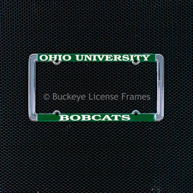 Ohio University Bobcats Chrome License Plate Frame with Green Background And Raised White Lettering