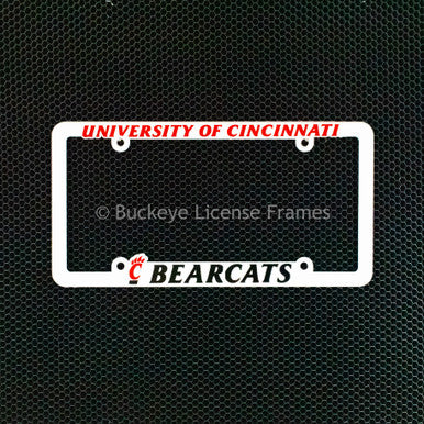 University Of Cincinnati Bearcats White Plastic License Plate Frame With Raised Red And Black Lettering