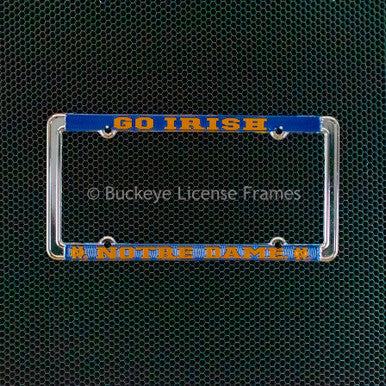 University Of Notre Dame Chrome License Plate Frame with Blue Background and Raised Gold Letters - Metal