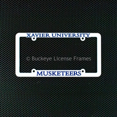 Xavier University Musketeers White Plastic License Plate Frame with Raised Blue Lettering